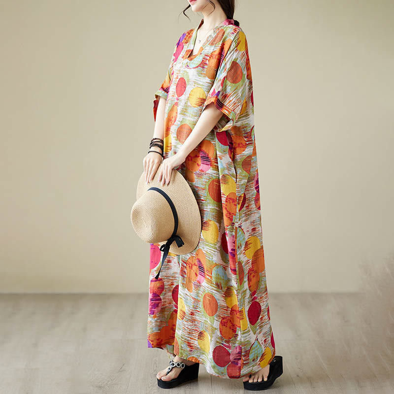 Buddha Stonesオレンジブルーカラフル水玉模様ミディドレスコットン半袖ドレスポケット付き - image 11