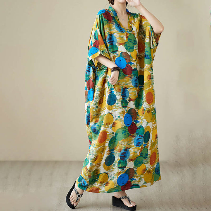 Buddha Stonesオレンジブルーカラフル水玉模様ミディドレスコットン半袖ドレスポケット付き - image 3