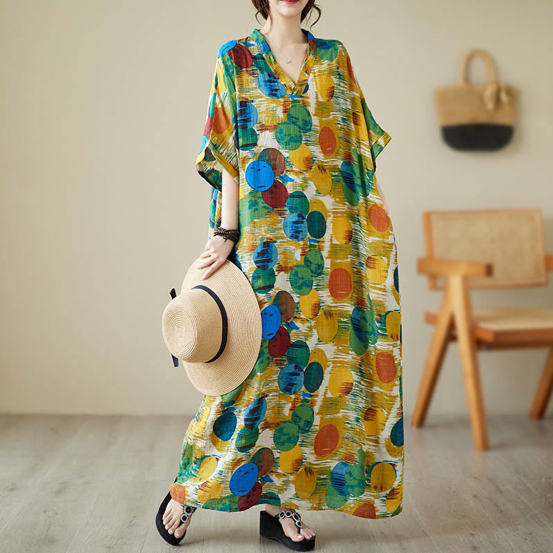 Buddha Stonesオレンジブルーカラフル水玉模様ミディドレスコットン半袖ドレスポケット付き - image 5