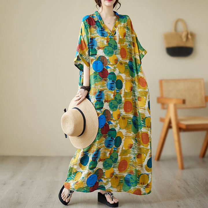 Buddha Stonesオレンジブルーカラフル水玉模様ミディドレスコットン半袖ドレスポケット付き - image 5