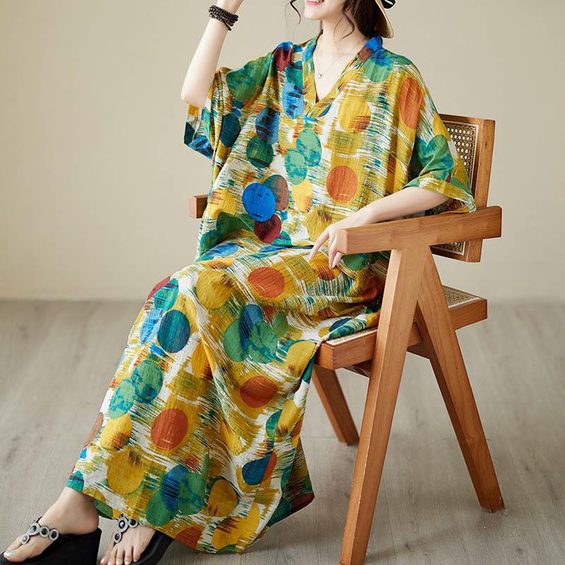 Buddha Stonesオレンジブルーカラフル水玉模様ミディドレスコットン半袖ドレスポケット付き - image 6
