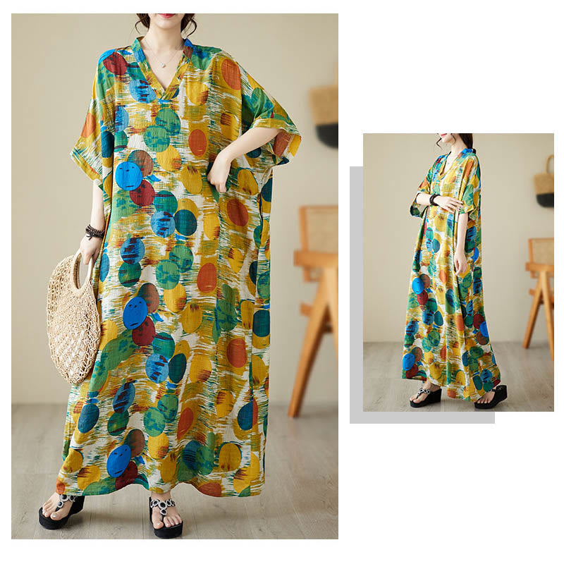 Buddha Stonesオレンジブルーカラフル水玉模様ミディドレスコットン半袖ドレスポケット付き - image 7