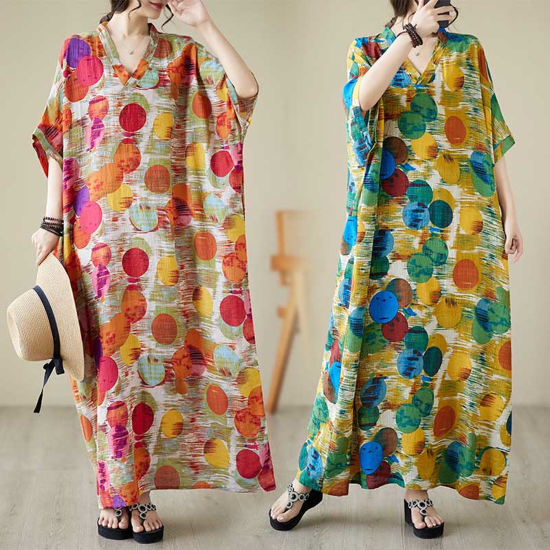 Buddha Stonesオレンジブルーカラフル水玉模様ミディドレスコットン半袖ドレスポケット付き - image 8