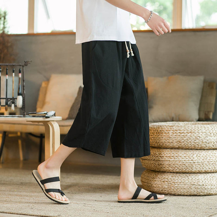 Buddha Stones無地ミドル丈リネンメンズワイドレッグパンツ（ポケット付き） - 黒 - US/UK/AU46、 EU56 (5XL) - image 1