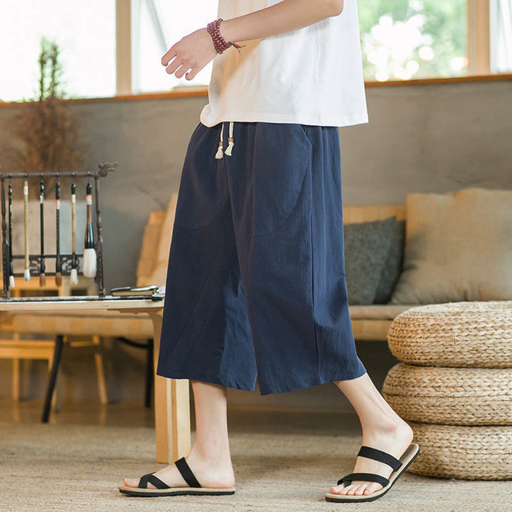 Buddha Stones無地ミドル丈リネンメンズワイドレッグパンツ（ポケット付き） - ネイビーブルー - US/UK/AU46、 EU56 (5XL) - image 9