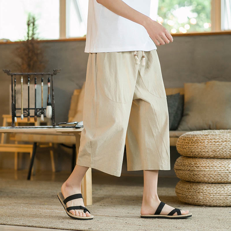 Buddha Stones無地ミドル丈リネンメンズワイドレッグパンツ（ポケット付き） - カーキ - US/UK/AU46、 EU56 (5XL) - image 3