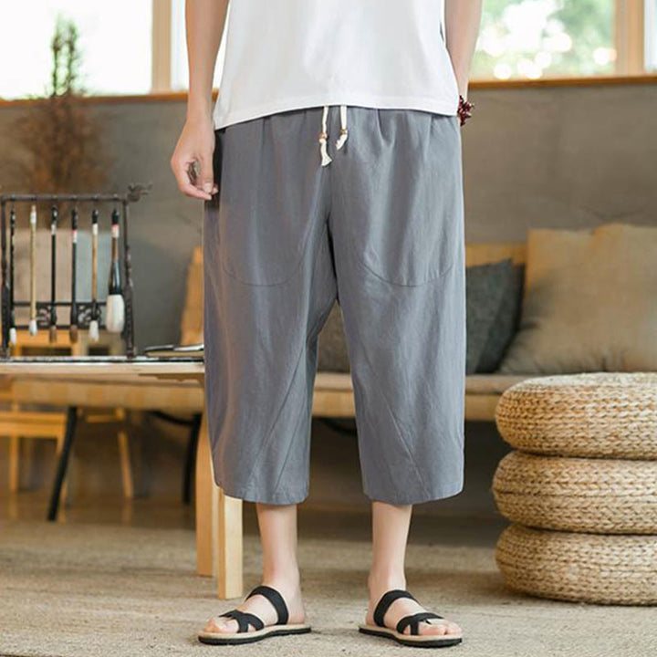 Buddha Stones無地ミドル丈リネンメンズワイドレッグパンツ（ポケット付き） - image 26