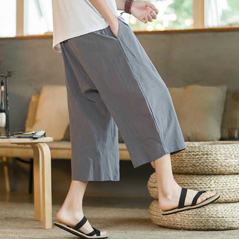 Buddha Stones無地ミドル丈リネンメンズワイドレッグパンツ（ポケット付き） - image 27
