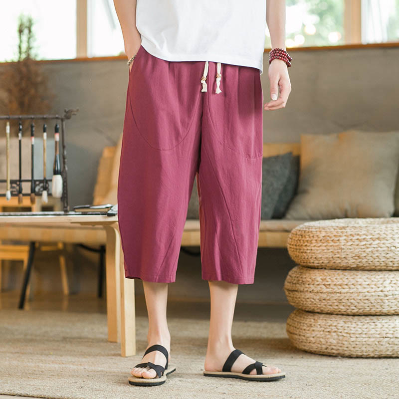 Buddha Stones無地ミドル丈リネンメンズワイドレッグパンツ（ポケット付き） - image 19