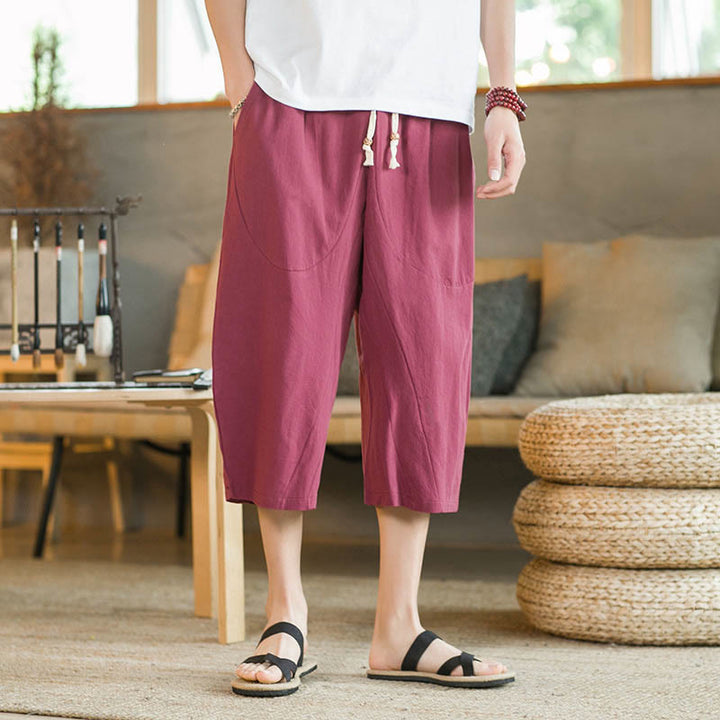 Buddha Stones無地ミドル丈リネンメンズワイドレッグパンツ（ポケット付き） - image 19