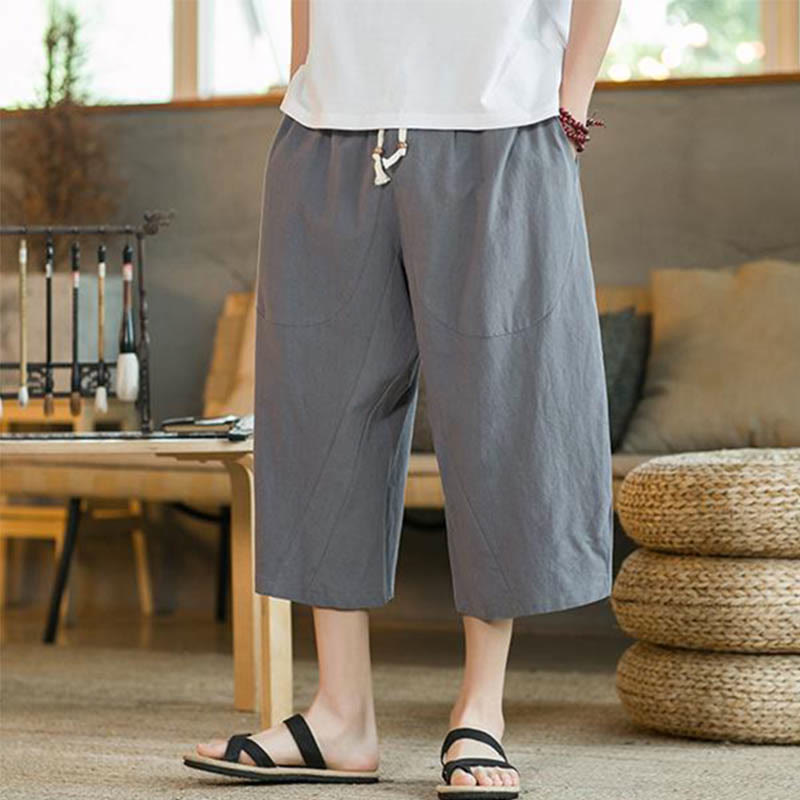 Buddha Stones無地ミドル丈リネンメンズワイドレッグパンツ（ポケット付き） - image 29