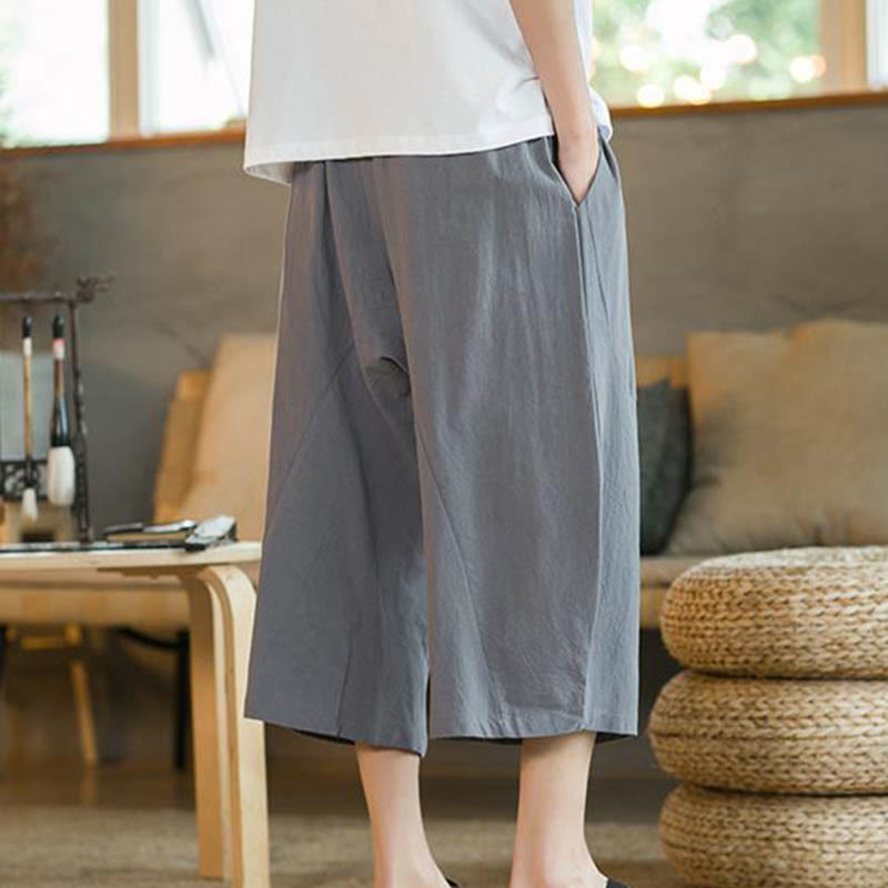 Buddha Stones無地ミドル丈リネンメンズワイドレッグパンツ（ポケット付き） - image 30