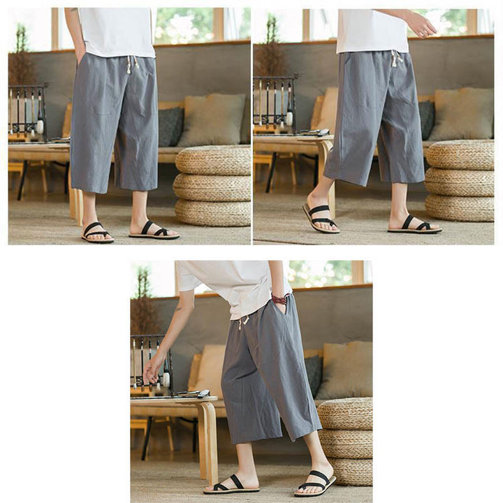 Buddha Stones無地ミドル丈リネンメンズワイドレッグパンツ（ポケット付き） - image 32