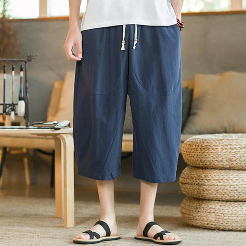 Buddha Stones無地ミドル丈リネンメンズワイドレッグパンツ（ポケット付き） - image 12