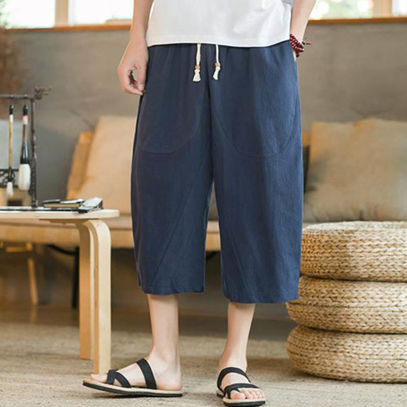 Buddha Stones無地ミドル丈リネンメンズワイドレッグパンツ（ポケット付き） - image 14