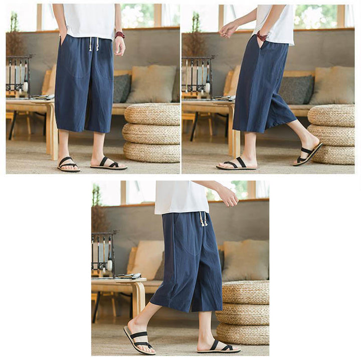 Buddha Stones無地ミドル丈リネンメンズワイドレッグパンツ（ポケット付き） - image 15