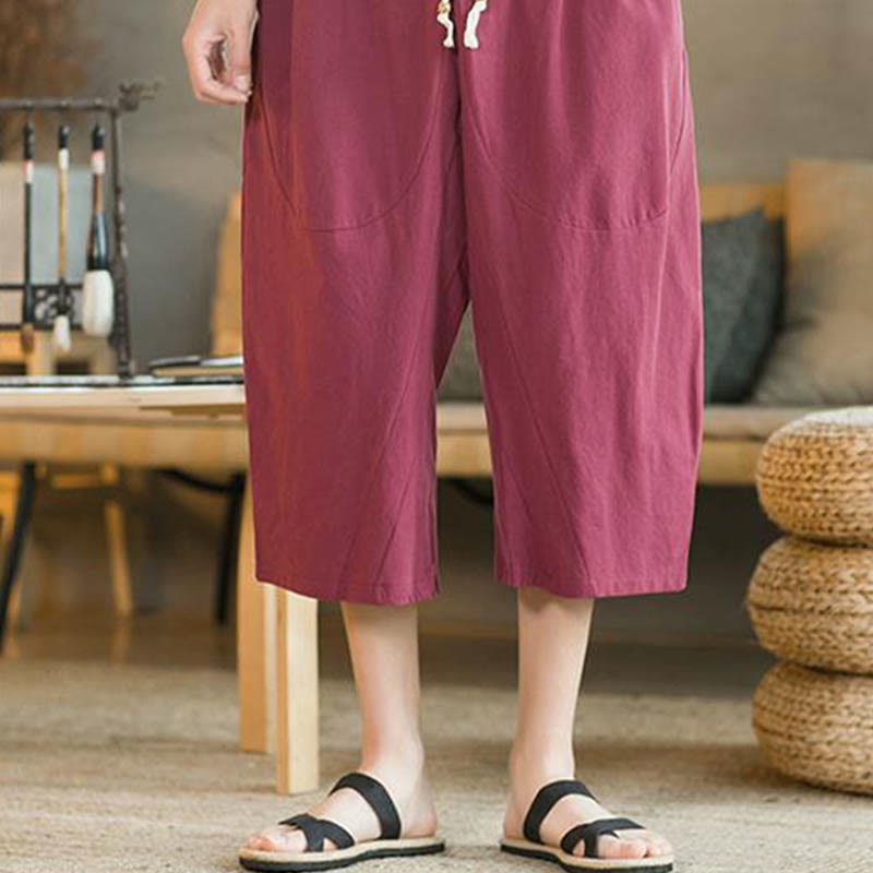 Buddha Stones無地ミドル丈リネンメンズワイドレッグパンツ（ポケット付き） - image 21