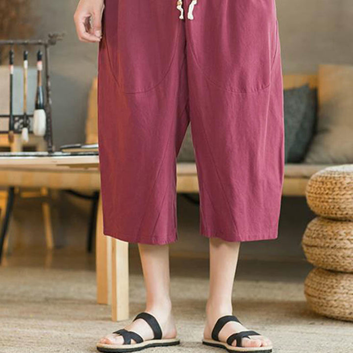 Buddha Stones無地ミドル丈リネンメンズワイドレッグパンツ（ポケット付き） - image 21