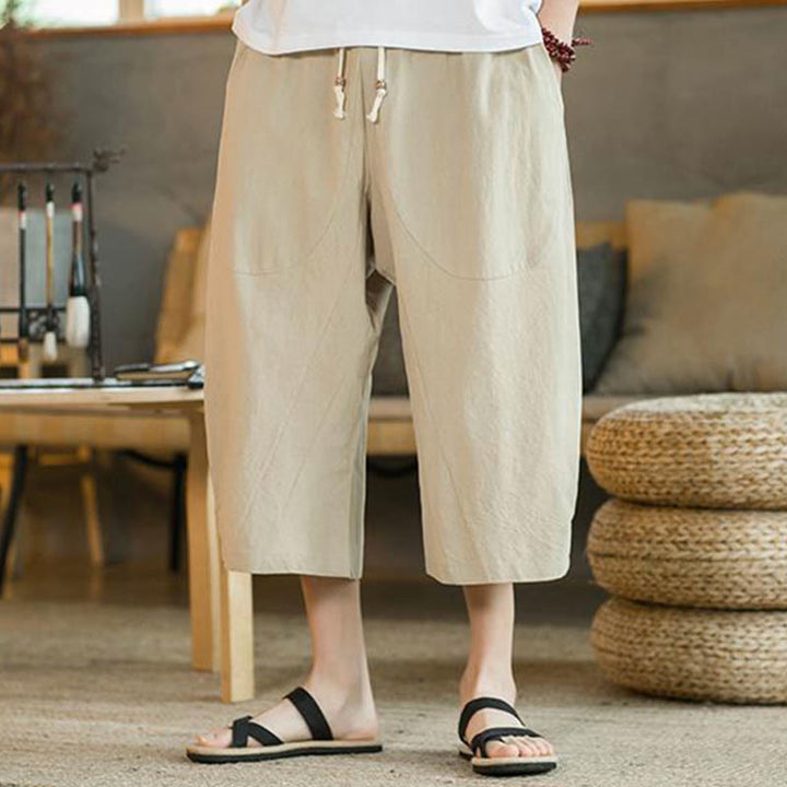 Buddha Stones無地ミドル丈リネンメンズワイドレッグパンツ（ポケット付き） - image 4