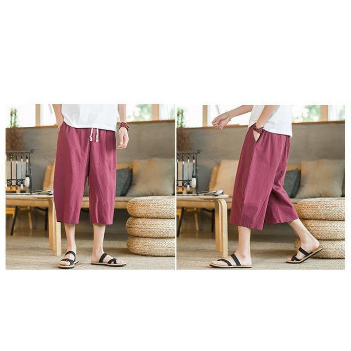 Buddha Stones無地ミドル丈リネンメンズワイドレッグパンツ（ポケット付き） - image 24