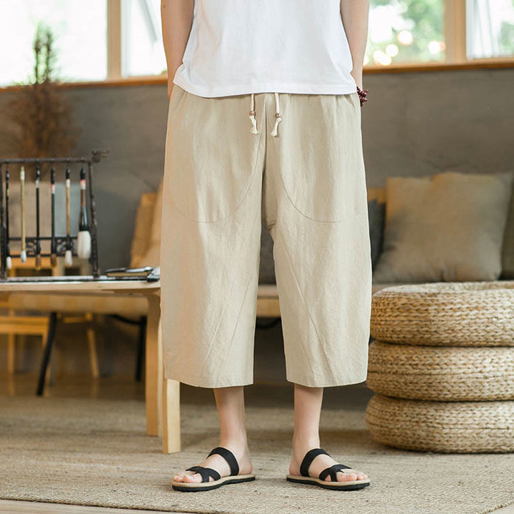 Buddha Stones無地ミドル丈リネンメンズワイドレッグパンツ（ポケット付き） - image 5