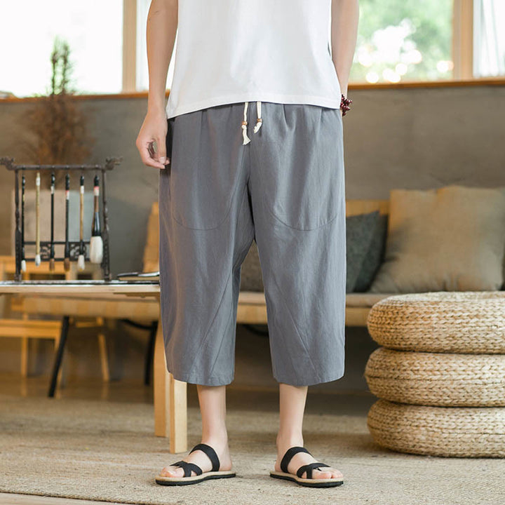 Buddha Stones無地ミドル丈リネンメンズワイドレッグパンツ（ポケット付き） - image 31