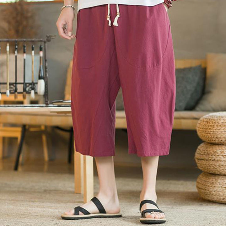 Buddha Stones無地ミドル丈リネンメンズワイドレッグパンツ（ポケット付き） - image 17