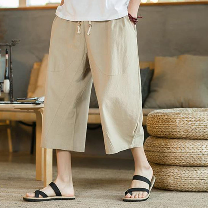 Buddha Stones無地ミドル丈リネンメンズワイドレッグパンツ（ポケット付き） - image 8