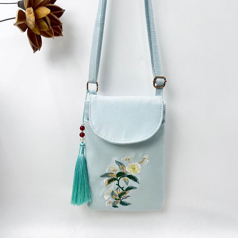 Buddha Stonesの小さな刺繍の花のクロスボディバッグ、ショルダーバッグ、二重層携帯電話バッグ