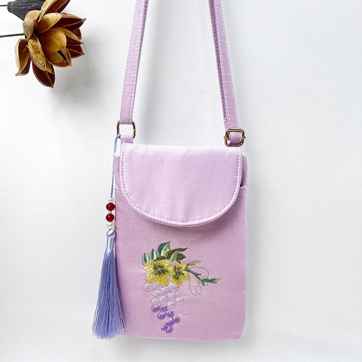 Buddha Stonesの小さな刺繍の花のクロスボディバッグ、ショルダーバッグ、二重層携帯電話バッグ