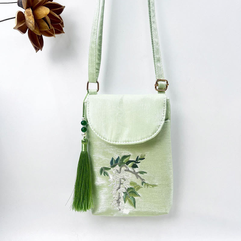 Buddha Stonesの小さな刺繍の花のクロスボディバッグ、ショルダーバッグ、二重層携帯電話バッグ