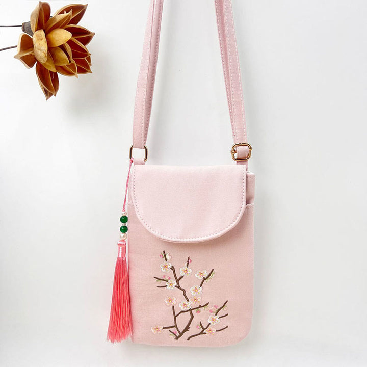 Buddha Stonesの小さな刺繍の花のクロスボディバッグ、ショルダーバッグ、二重層携帯電話バッグ