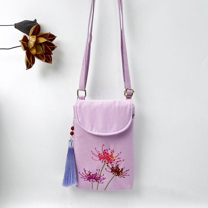 Buddha Stonesの小さな刺繍の花のクロスボディバッグ、ショルダーバッグ、二重層携帯電話バッグ