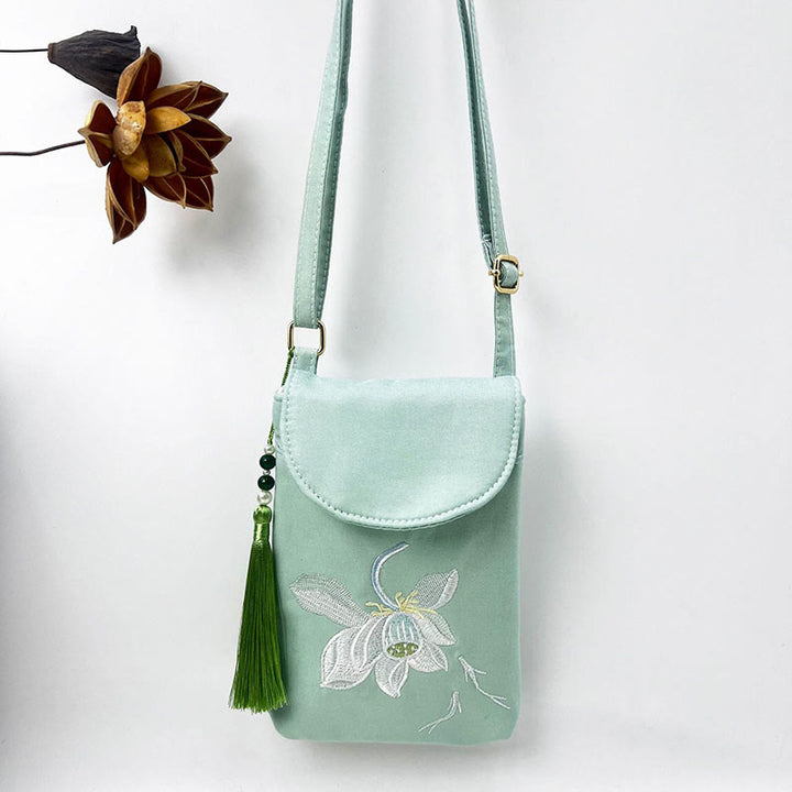 Buddha Stonesの小さな刺繍の花のクロスボディバッグ、ショルダーバッグ、二重層携帯電話バッグ
