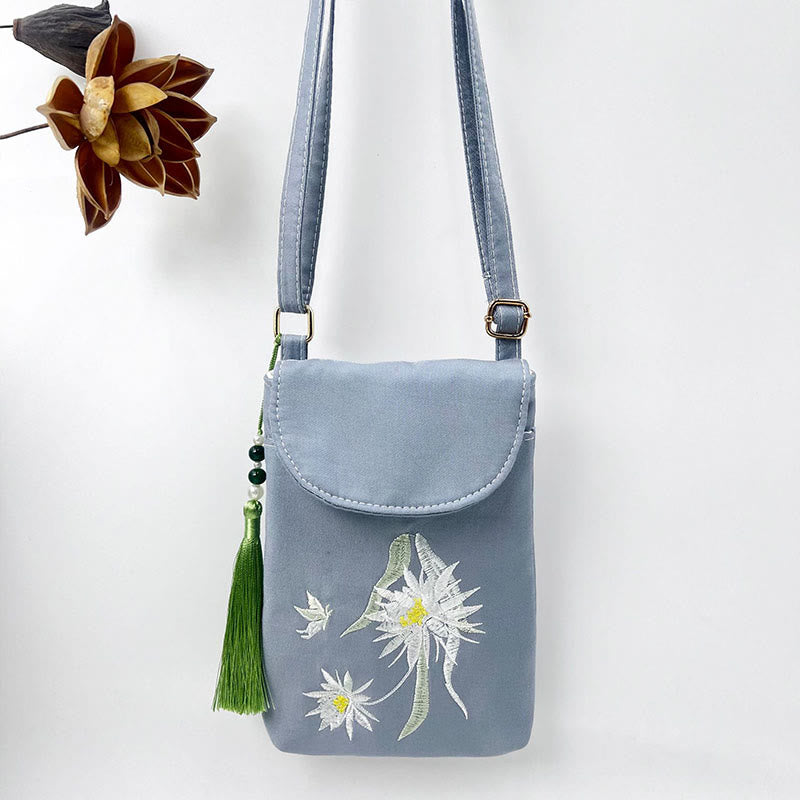 Buddha Stonesの小さな刺繍の花のクロスボディバッグ、ショルダーバッグ、二重層携帯電話バッグ