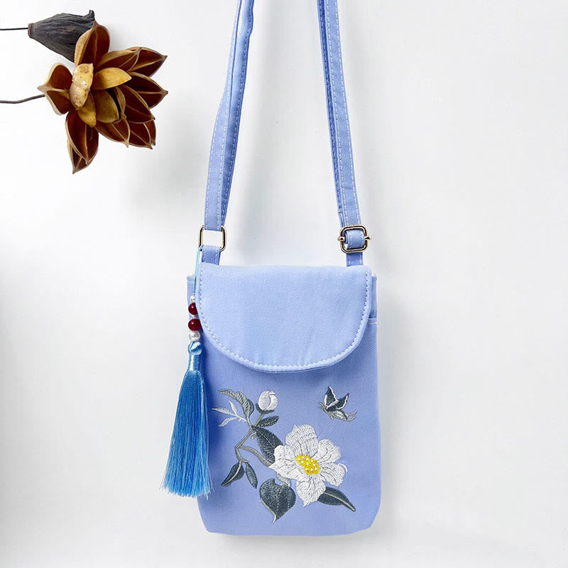 Buddha Stonesの小さな刺繍の花のクロスボディバッグ、ショルダーバッグ、二重層携帯電話バッグ