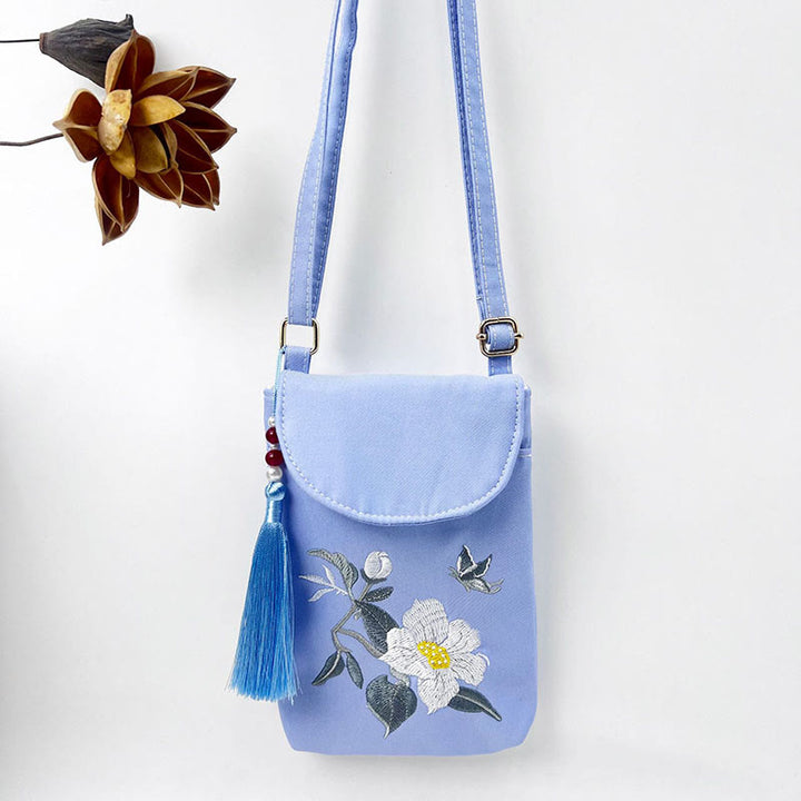Buddha Stonesの小さな刺繍の花のクロスボディバッグ、ショルダーバッグ、二重層携帯電話バッグ
