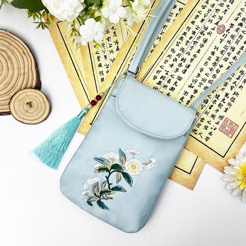 Buddha Stonesの小さな刺繍の花のクロスボディバッグ、ショルダーバッグ、二重層携帯電話バッグ
