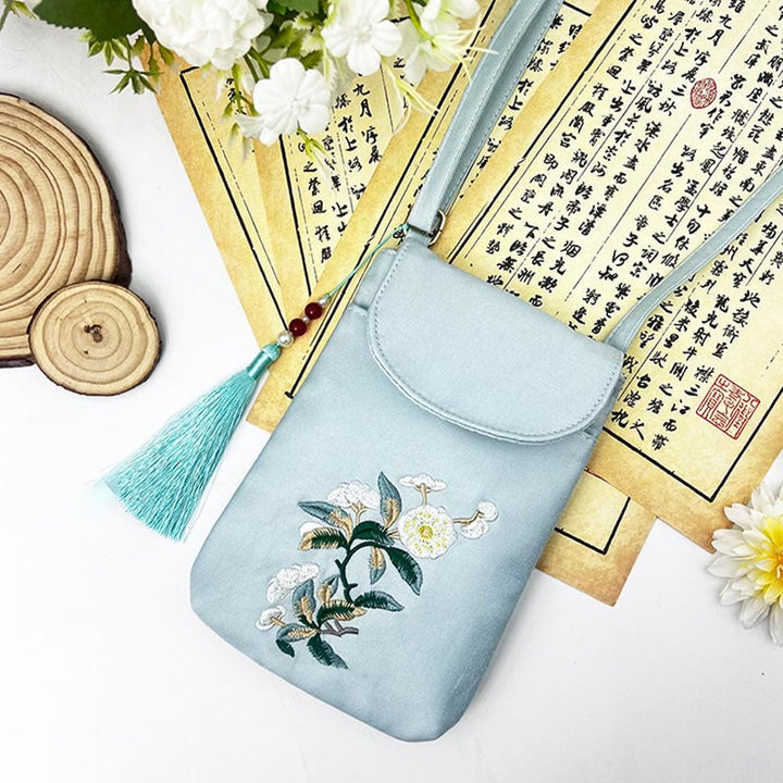 Buddha Stonesの小さな刺繍の花のクロスボディバッグ、ショルダーバッグ、二重層携帯電話バッグ