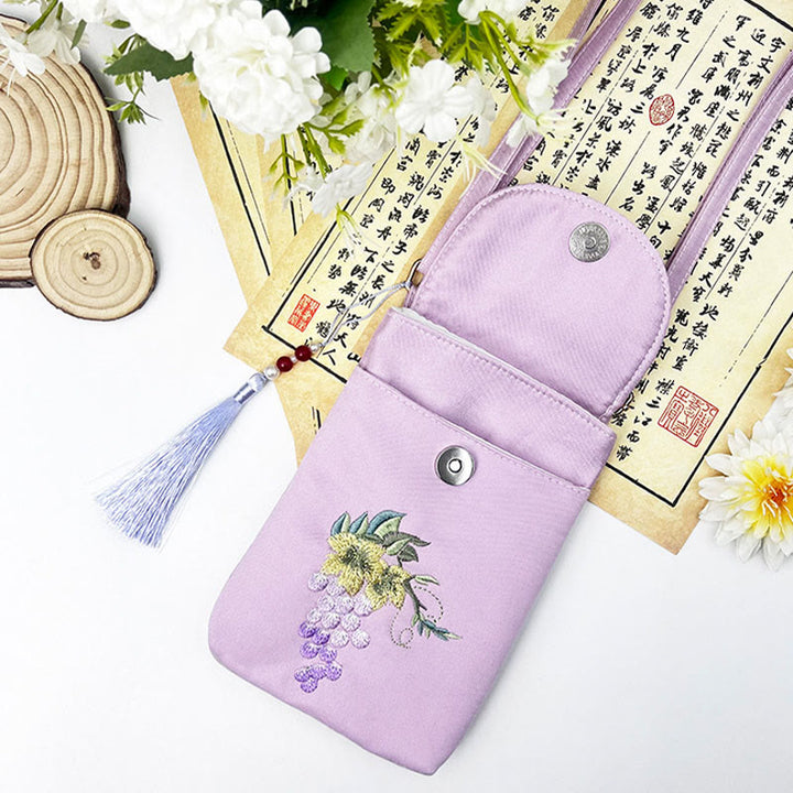 Buddha Stonesの小さな刺繍の花のクロスボディバッグ、ショルダーバッグ、二重層携帯電話バッグ