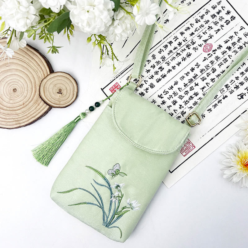Buddha Stonesの小さな刺繍の花のクロスボディバッグ、ショルダーバッグ、二重層携帯電話バッグ