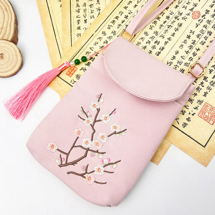 Buddha Stonesの小さな刺繍の花のクロスボディバッグ、ショルダーバッグ、二重層携帯電話バッグ