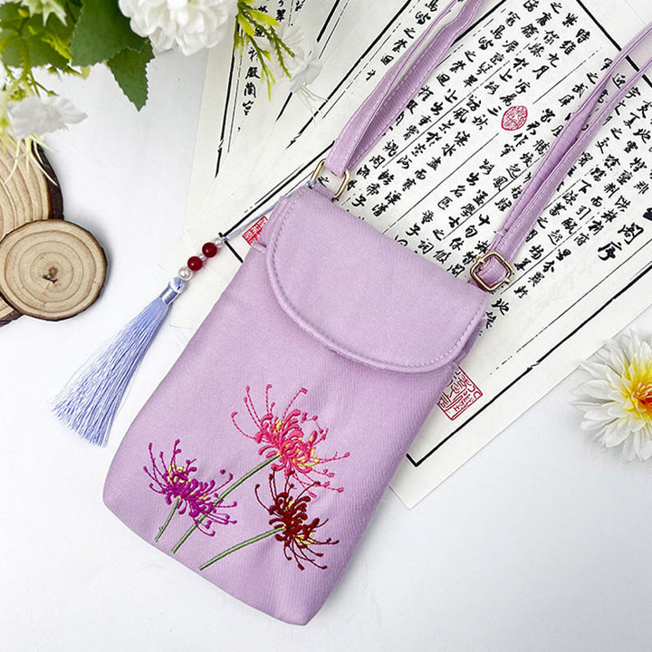 Buddha Stonesの小さな刺繍の花のクロスボディバッグ、ショルダーバッグ、二重層携帯電話バッグ