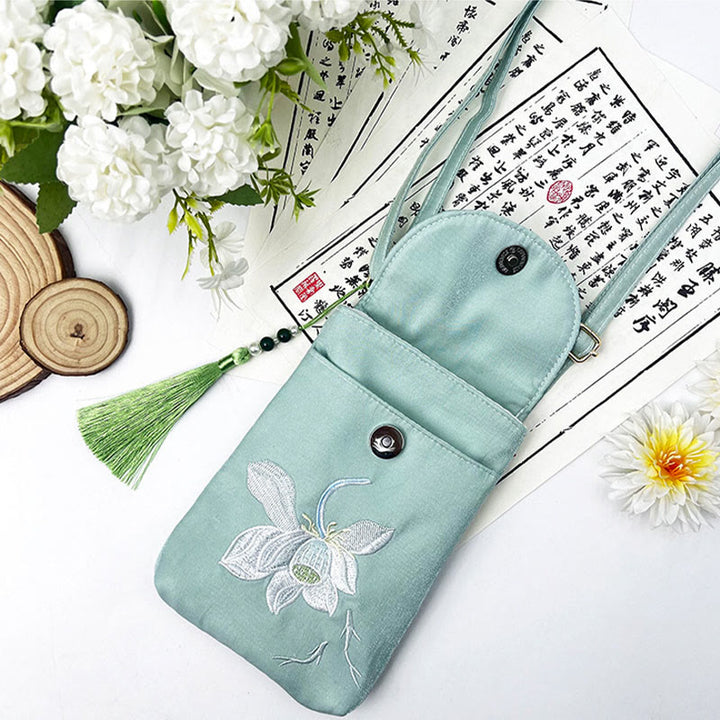 Buddha Stonesの小さな刺繍の花のクロスボディバッグ、ショルダーバッグ、二重層携帯電話バッグ