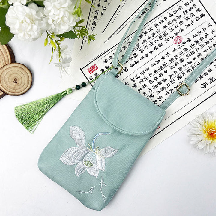 Buddha Stonesの小さな刺繍の花のクロスボディバッグ、ショルダーバッグ、二重層携帯電話バッグ