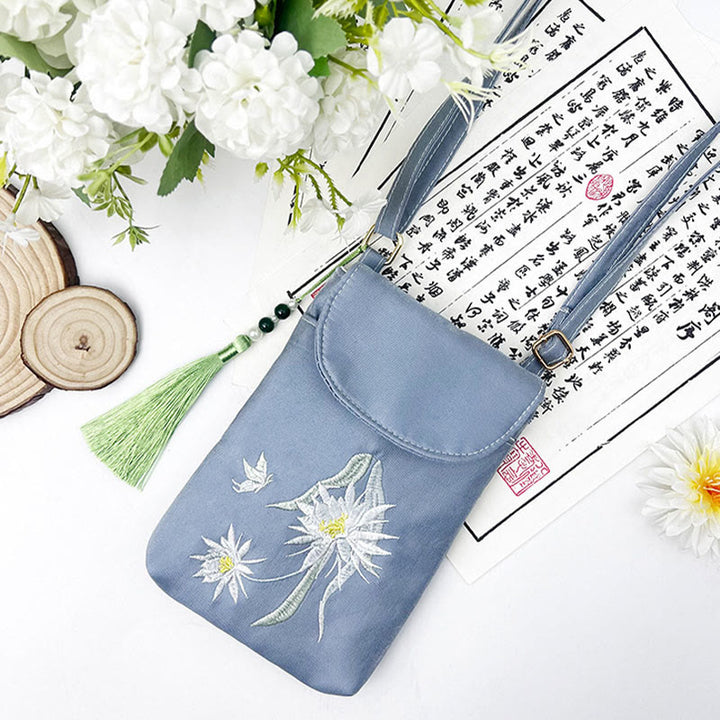 Buddha Stonesの小さな刺繍の花のクロスボディバッグ、ショルダーバッグ、二重層携帯電話バッグ