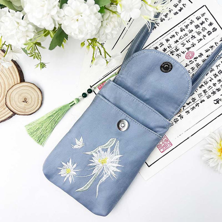 Buddha Stonesの小さな刺繍の花のクロスボディバッグ、ショルダーバッグ、二重層携帯電話バッグ