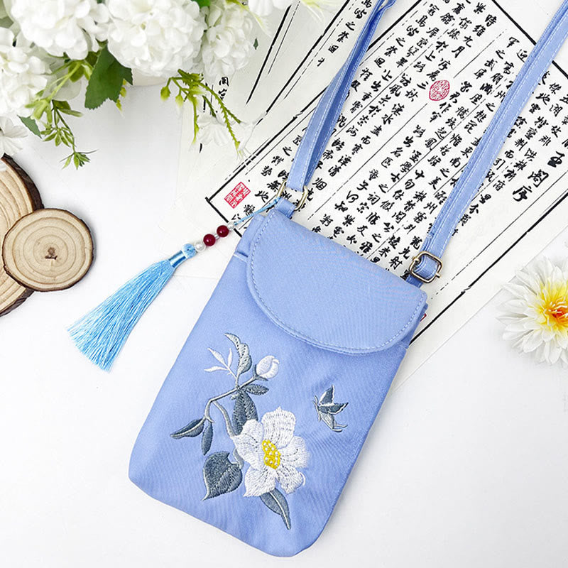 Buddha Stonesの小さな刺繍の花のクロスボディバッグ、ショルダーバッグ、二重層携帯電話バッグ
