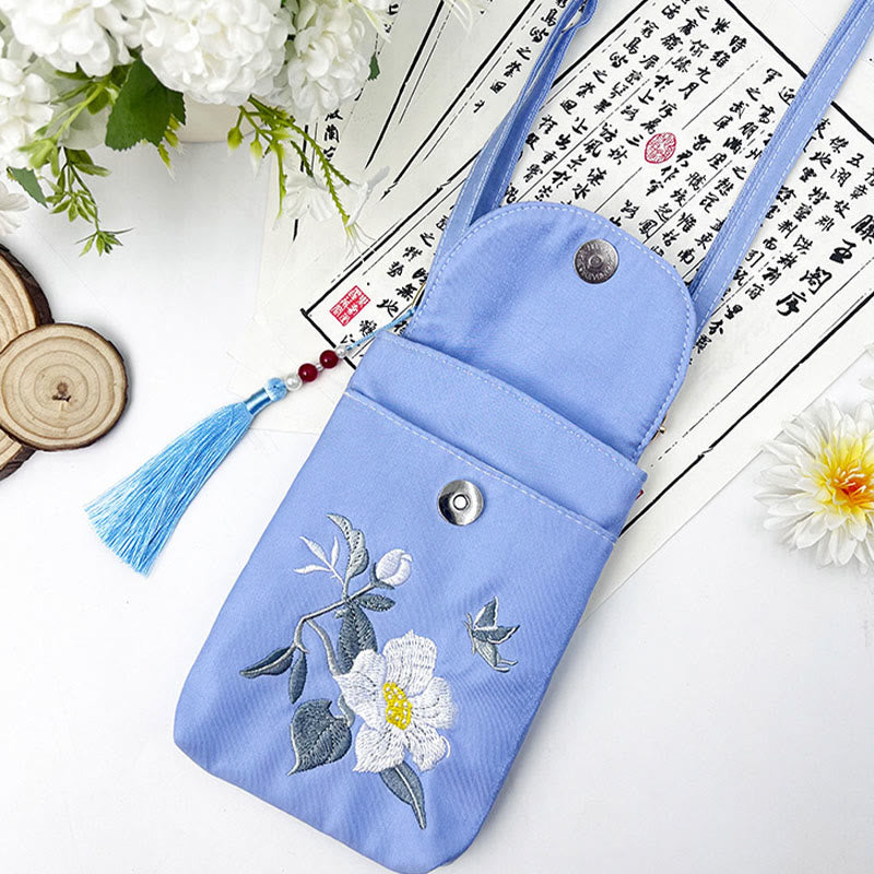 Buddha Stonesの小さな刺繍の花のクロスボディバッグ、ショルダーバッグ、二重層携帯電話バッグ