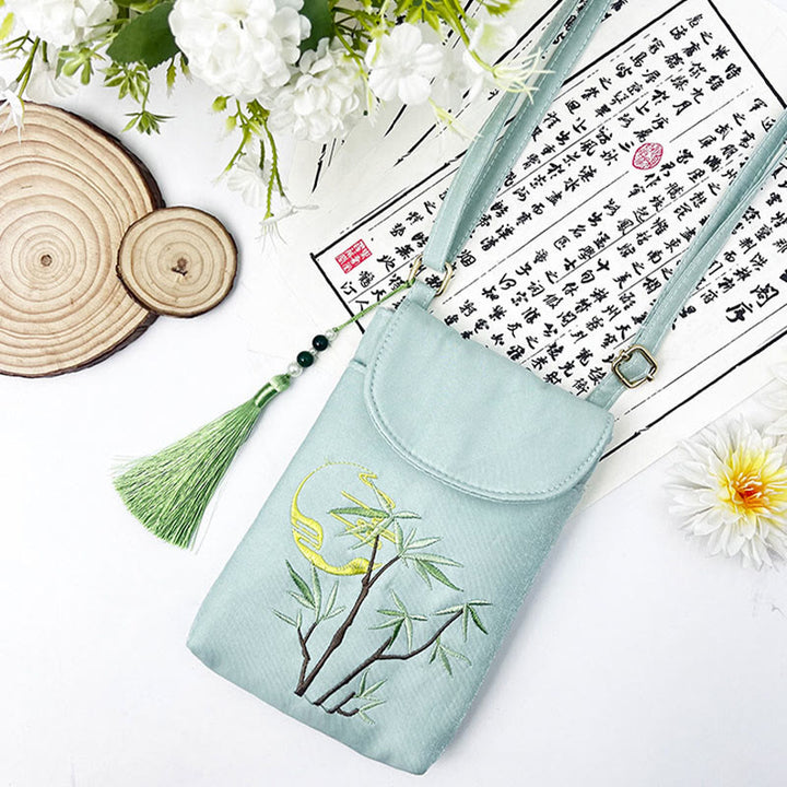 Buddha Stonesの小さな刺繍の花のクロスボディバッグ、ショルダーバッグ、二重層携帯電話バッグ
